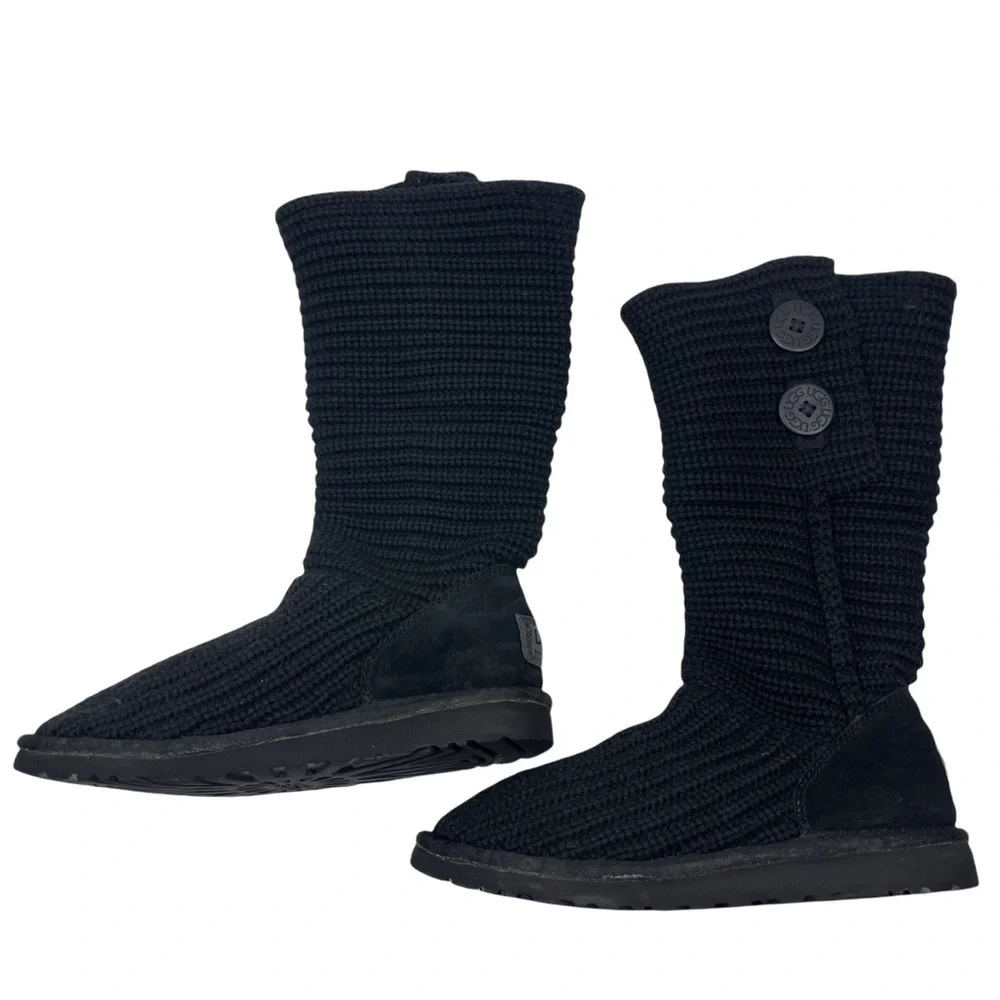 UGG Cardy Knit Buttons Boots Kids Size 5 Suede Foldable Short Tall Black Cozy